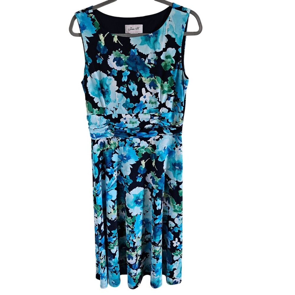 Jessica H. Woman Size 10 Floral Midi Dress Ruched Waist Sleeveless Colorful